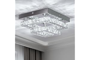 Warmiehomy Square Crystal Ceiling Light, Crystal Chandelier with K9 Crystal, 2 Ties Modern LED Ceiling Lights for Living Room Bedroom Hallway Kitchen Porch,30X24cm(Cool White)