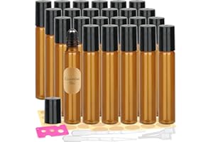 MAXMOC 24 Stück Roll on Glasflaschen für Ätherisches Öl, 10ml Roll on Flasche Leer mit Edelstahl-Ball, Braune Rollon Flaschen mit Öffner,Tropfer, Strohhalm, Etiketten für Ätherische Öle, Parfüm, Massage