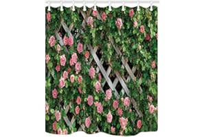 JOOCAR Design Shower Curtain, Rustic Decor Rosemary Roses Flower on Fence, Waterproof Cloth Fabric Bathroom Decor Set with Hooks