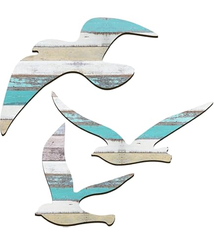 LUMOOM Lot De 3 Mouettes Murales En Bois – Déco Marine – Aspect Bois Flotté – À Suspendre Ou Coller – Jaune