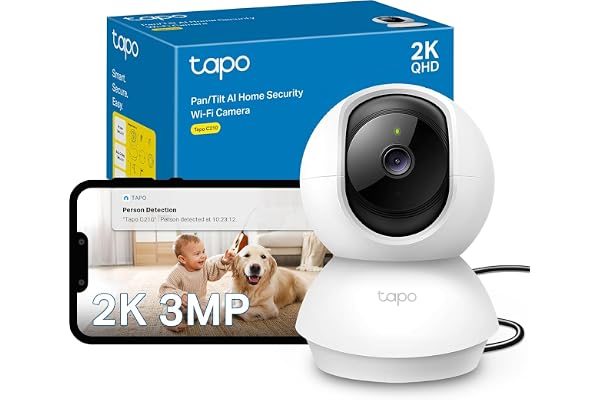 Tapo C210 - Cámara de Vigilancia WiFi Interior 360º, 2K 3MP, Detección IA | Detección Movimiento, Personas y Llanto de Bebé. Visión Nocturna. Alarma Luz y Sonido. Almacenamiento Local o Nube. App Tapo.