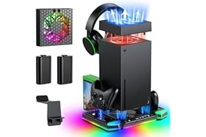 FYOUNG Sistema de ventilador de refrigeración automático mejorado y soporte de carga para consola Xbox Series X y controladores, accesorios con 11 luces RGB y batería recargable de 2 x 1400 mAh, soporte para