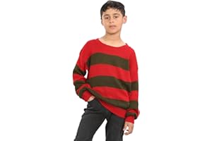 Janisramone Kinder Jungen Neu Rot Und Grün Streifen Gestrickt Jumper Grusel Fancy Kleid Halloween Kostüm
