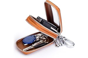 Guolich Car Key Chain Bag Double Zipper Leather Protection Key Coin Holder Keyring with Transparent Window for Car Key Remote Control