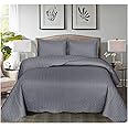 B&B Quilt Mono Bedspread 3 Pieces Set – Coverless Quilted Leaf Motif Bedspread, Comforter Throw, Summer, Winter and All-Season Lightweight Bedding Sets, with 2 Pillow Shams (Double, Grey)