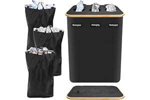 GIOVARA Poubelle de Recyclage 160L avec Couvercle, Collecteur de Bouteilles 3 Compartiments, Poubelle Tri Sélectif pour Cuisine pour Verre/Plastique, Rangement Maison/Jardin(noir)