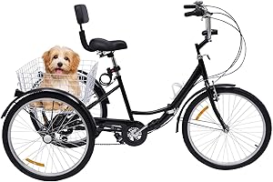 awolsrgiop Triciclo per adulti 24 pollici, pieghevole, 3 ruote, 7 marce, bicicletta per adulti, triciciciclo, bici da crociera con luce a LED