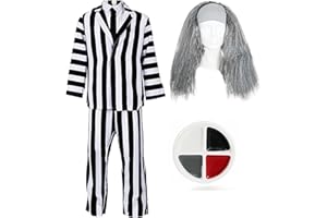 I LOVE FANCY DRESS Adults Crazy Ghost Costume - Black and White Striped Suit, Black Tie, Grey Wig - Mens Halloween Fancy Dress Costume
