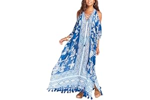 Bsubseach Costume da Bagno Blu con Stampa Floreale a Spalla Fredda, Copricostume da Bagno, Chiffon con Nappa, Copricostume da Bagno Lungo