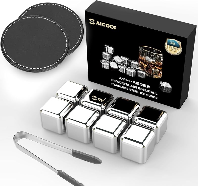 Cocktails Eiswürfel Edelstahl Wiederverwendbar Whisky Steine set inkl. Zange 8er Ice Cubes Kühlsteine, Schnell Kühltechnologie für Wiskey, Wodka, Wein…
