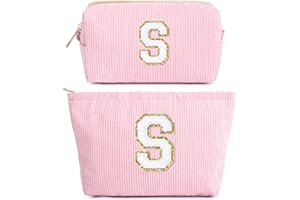 HAMATATA 2 Pezzi Borsa per Cosmetici Donna, Corduroy Cosmetic Bag Viaggio, Rosa Trousse Trucchi Organizer, Personalizzata Iniziale Regalo Compleanno Natale Ideale per Ragazze Fidanzate Migliori Amiche(S)