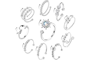 Uirheurd Anxiety Ring Pack of 10 - Anti-Stress Adjustable Silver for Men and Women - Fidget with Movable Beads, Calm Spinning Jewellery Gifts, Non-precious metal, Created Opal