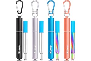 Kynup Metal Reusable Drinking Straw, 4 Pack Portable Collapsible Straws with Case,18/10 Stainless Steel Metal Travel Keychain Straws, Adjustable Length up to 23cm, 6mm Diameter, Cleaning Brush