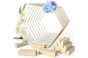 ‎SNTIEECR Sntieecr 10 Stück 20cm Gold Hexagon Metallring Makramee Ringe mit 10 Holzständer für DIY Macrame, Hochzeits-Tischschmuck und Kranz Hochzeit Dekor und DIY Handwerk