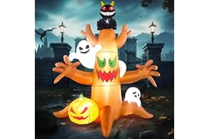 Danxilu 2,4m Albero Gonfiabile Halloween Decorazioni esterno con Gatto dagli Occhi Rossi Luminosi e Fantasmi e Zucca, horror con LED Incorporati per Cortile/Giardino/Prato