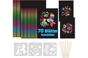 AILUYA 70 arkuszy obrazów do zdrapywania dla dzieci, tęczowy papier do zdrapywania, z 7 drewnianymi pisakami i 3 szablonami do malowania, DIY Magic Scratch Book, zestaw dla dorosłych, chłopców, dziewczynek,