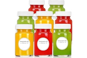SHOWVIGOR 8pcs 2oz Glass Juice Bottles with Lids and Labels, Reusable Small Clear Jar for Juice, Ginger, Wellness Shot, Sample, Travel Portable Mini Bottles with Wide Mouth, Leakproof, Dishwasher Safe