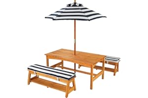 KidKraft Table et Bancs de Jardin pour Enfant avec Coussins et Parasol, Salon de Jardin extérieur en Bois pour Enfants, Rayé Bleu Marine et Blanc, 00106