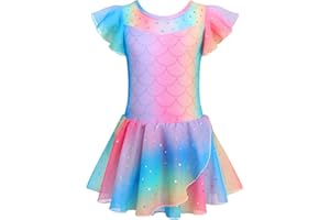 Arshiner Robe de Ballet en Maille Scintillante pour Filles Tenue de Ballet à Manches Courtes à Volants Justaucorps de Danse de Gymnastique avec Jupe en Mousseline