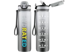 QLUR Gourde, 1L Gourde Sport avec Paille et Graduée, 1 Litre Étanche Bouteille d'Eau avec Brosse, Gourdes Motivation sans BPA pour Fitness, Bureau, l'école, Yoga