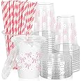 JarThenaAMCS 50 Pcs Pink Bow Plastic Cups with Lids and Straws Pink Bow Daisy Clear Plastic Cups 12 oz Disposable Cups for Valentine's Day Birthday Wedding Party Supplies