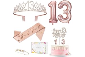 FALAMON 13th Birthday Decorations Gifts for Girls, Including 13th Birthday Sash and Rhinestone Crown Tiara, Pearl Pin, Birthday Balloon, Birthday Candle and Cake Toppers Birthday Party Supplies(Rose Gold)