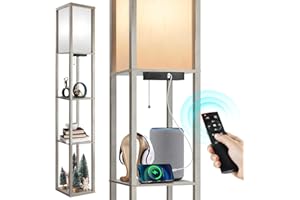 ‎OUTON OUTON Stehlampe Regal mit Fernbedienung, Dimmbar & 4 Farbtemperatur Einstellbar, 1H Timer, LED Stehleuchte mit 2 USB Anschlüsse, Stehlampen mit Lampenschirm für Wohnzimmer, Schlafzimmer, Büro, Grau