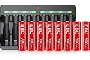 EBL Akumulatory AA 8 sztuk 1,5 V 3000 mWh i baterie AA z ładowarką M7012, szybka ładowarka ze wskaźnikiem LED, złącze micro USB, wejście USB 5 V 2 A