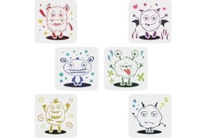 FINGERINSPIRE 6 stencil di 6 simpatici mostri, 15 x 15 cm, riutilizzabili cartoni animati mostri disegni, stencil per pittura da parete, in legno, mobili in tessuto e carta