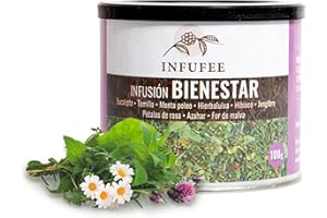 INFUFEE Infusión Bienestar Sin Teína 100g - Eucalipto, Tomillo, Menta Poleo, Hierbaluisa, Hibisco y Jengibre - Alivio de Congestión y Tos - Digestiva, Relajante y Antiinflamatoria