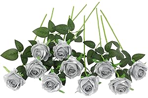 JUSTOYOU 10 pcs Artificial Silk Rose Flowers Single Stem Fake Roses Flowers for Home Party Wedding Bouquet (Silver)