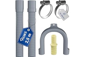 VIOKS Set Flexibler Abwasserschlauch Spülmaschine 2,5 Meter 19/22mmØ + 2x Klemmen Schlauchschellen Edelstahl 18-28mmØ + 1x Schlauch Verbindungsstück + 1x Haltebogen - Ablaufschlauch Waschmaschine Set