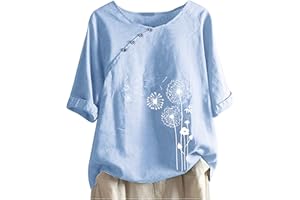 FunAloe Linen Tops for Women UK Elegant Summer Tops Casual Cotton and Linen Dandelion Print Button-Down O-Neck Short Sleeve T-Shirt Top Fitness Basic Tops Women Loose Tops Clearance Boho Tops