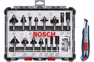 Bosch Professional 15-częściowy zestaw frezów z nożem tnącym (do drewna, trzpień Ø 8 mm, akcesoria frezarki górnowrzecionowe)