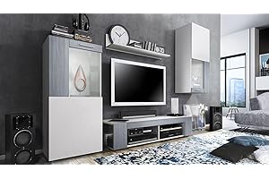 Vladon Wohnwand Movie, Anbauwand bestehend aus 1 TV-Board, 2 Vitrinen und 1 Regal, Weiß matt/Weiß matt/Avola-Anthrazit (Gesamt: 300 x 190 x 39 cm)