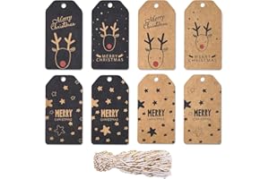 HJYODY Christmas Kraft Gift Tags with Strings - 80pcs Xmas Gift Labels Vintage Festive Pattern for Gift Wrapping Party Decoration