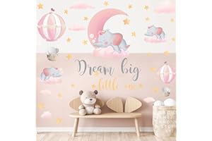 KAIRNE Adesivo da Muro Elefante Rosa,Adesivi Murali Bambini Ragazza,Mongolfiera Sticker da Muro Bambino,Stella Adesivi da Parete,Animali Decalcomanie per Camera da Letto Asilo Nido Decorazione Murale