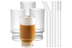 D.M DESIGN·MASTER Design·Master [4 Pack, 330 ML] - Premium Ribbed Glass Cups with Straws, Stackable Ribbed Glassware, Origami Style Ridged Glass Tumbler, Perfect for Whiskey, Cocktail, and Iced Tea.