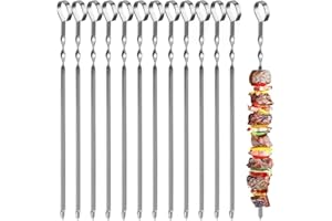 HUOGEE Spiedini per barbecue, 12 pezzi, con custodia in nylon, 39 cm, in acciaio inox, lunghi spiedini per carne, per falò o barbecue