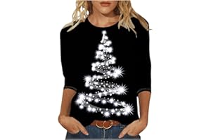 Ewleguzka Womens Christmas Tops 3/4 Sleeve, Ladies Xmas Tops Christmas Tree Red Wine Glass Graphic Printed Round Neck Loose Tunic Tshirts Holiday Clothes