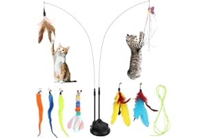 VINGVO Juguete Pluma de Gato Interactivo, 14 Piezas Juguetes para Gatos, Juguetes para Gatos con 2 Teaser y Ventosa, 3 de Repuesto Plumas con Campana para Gato Jugar Ejercitar Interior