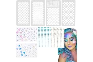 Amacoam Schabloner för fiskfjädrar, sjöjungfrukostym, sminkstenciler, schabloner med 4 självhäftande glitterstenar, strass, karnevalsdräkt, målningsmönster