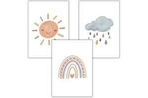 WBdesignz Poster Children's Room Pictures Decoration Baby Room Set of 3 Boho Rainbow Sun Cloud for Children