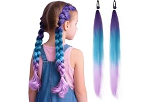 HOPTON 2 Stk Kunsthaar zum Einflechten 75 cm, Haarsträhnen zum Braiding Hair, Braids Extensions mit Haargummi, Geflochtener Zopf Haarteil, bunte haarsträhnen für Kinder Party Urlaub Karneval Deko (A)