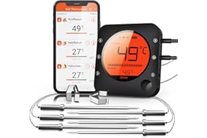 BFOUR Küche Bluetooth Thermometer Digitale Grillthermometer mit 6 Temperaturfühler Fleischthermometer mit Alarm Polierte Schale für Grill BBQ Freund Geschenk