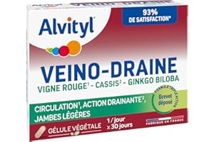 Alvityl - Veino-Draine - Circulation, Action drainante, Jambes légères - Vigne rouge - 93% de satisfaction- 30 gélules