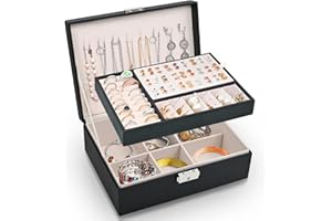 Larkumio Joyeros Mujer Organizador Grande, Caja Joyero Niña Organizador Joyas 2 C1apas Cuero PU Jewelry Box Organizer para Collares Anillos Pendientes Pulseras, Negro