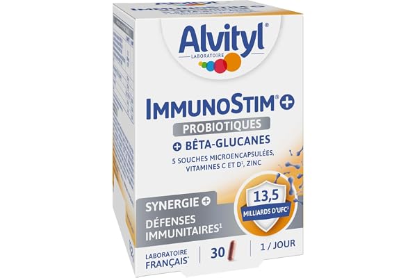 Alvityl - Immunostim + Gélules - Probiotiques, Bêta-glucanes, Fibres, Vitamine C et D, Zinc - Dès 12 ans - 30 gélules