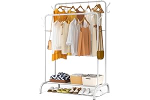 VOUNOT® Stand Appendiabiti Doppio in Metallo con Ripiano per Scarpe e 4 Ganci Laterali, Appendiabiti da Terra Robusto Salvaspazio per Camera, Ingresso e Guardaroba, 110x58x150cm, Bianco