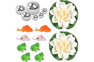 ‎ZEYOU ZeYou Klein Garten Teiche Deko Set 4 Frösche mit 6 Silber Kugeln 4 Koi Karpfen mit Streifen und 2 Stücke Lotusblüte als Gartendekoration für Miniteich Springbrunnen Teichbecken